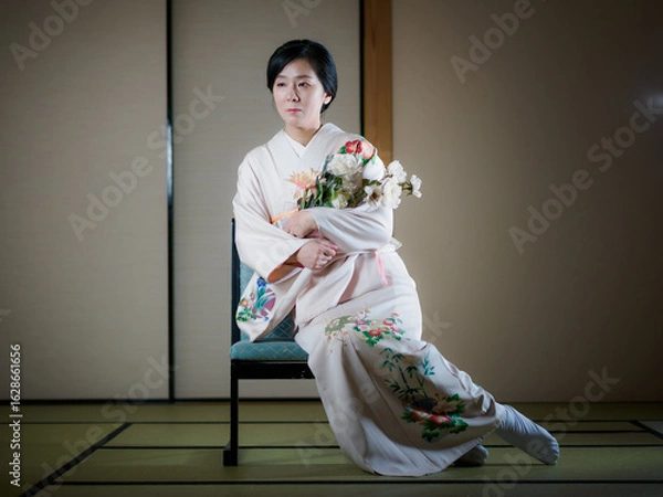 Obraz 花と着物の女性