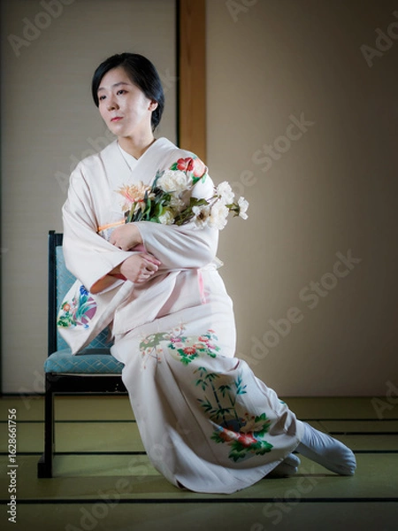 Obraz 花と着物の女性