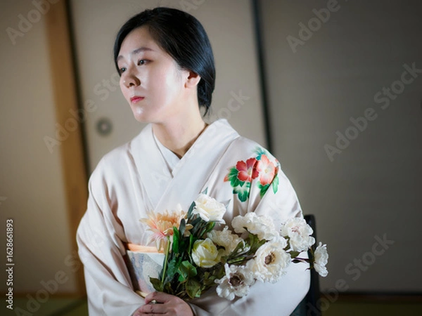 Obraz 花と着物の女性