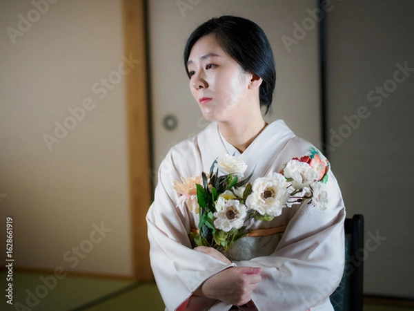 Obraz 花と着物の女性