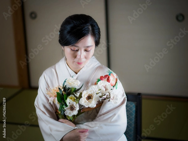 Obraz 花と着物の女性