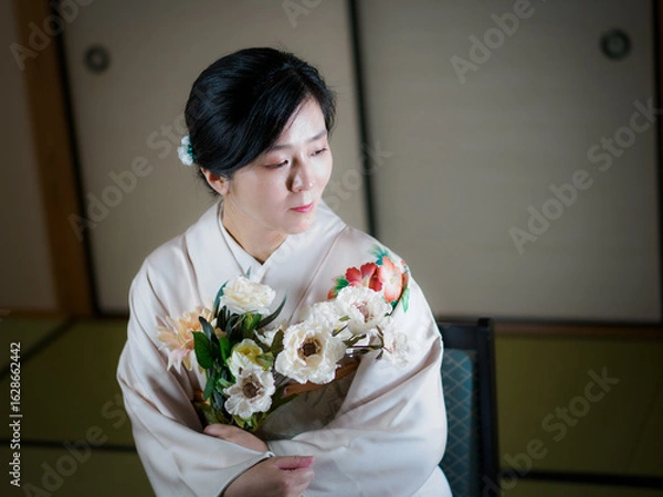 Obraz 花と着物の女性