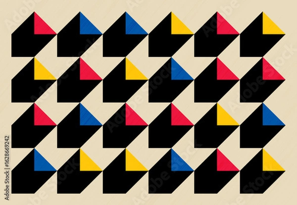Fototapeta Stylized geometric layout featuring bold black shadows from vibrant red, blue, and yellow triangles. Clean symmetry and high contrast create a sharp, minimalist visual identity.