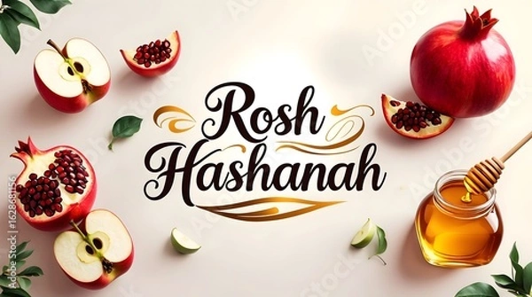 Fototapeta Happy Rosh Hashanah Celebration with Apple, Honey, and Pomegranate Symbolizing a Sweet Fresh Start

