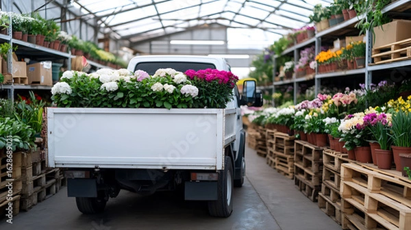 Fototapeta A delivery of hydrangeas in a pickup truck, with rows of flowers at a greenhouse. Seasonal flowers are available for sale. #flowers #horticulture