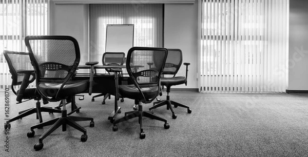Fototapeta Ergonomic office chairs around a small conference table. Black and white with copy space. Banner format
