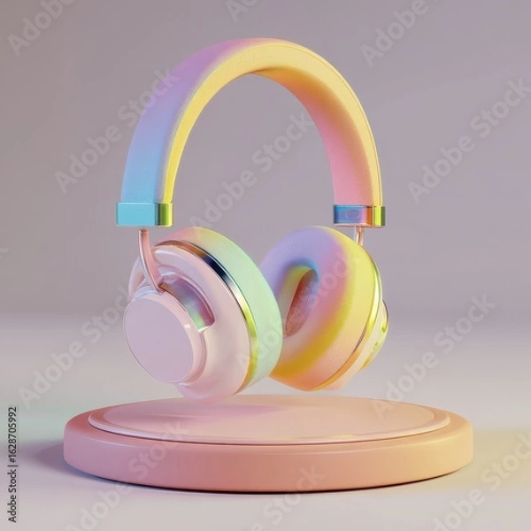 Fototapeta Pastel noise cancelling headphones in neurodivergent workspace 3D render

