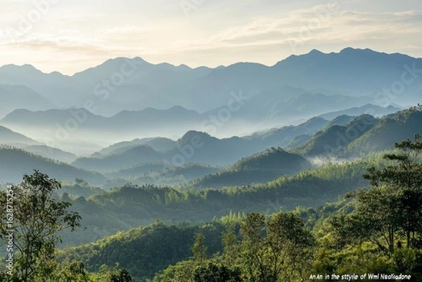 Obraz The forest, longitudinal mountains, and setting sun of Doi Tung form a beautiful landscape