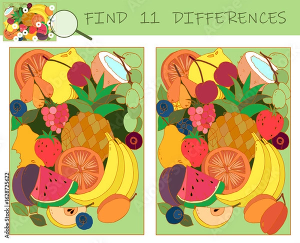 Fototapeta Find the differences game. Fruit puzzle. Fresh food. Sketch vector illustration.