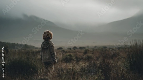 Fototapeta kid standing in nature with large copy space no logos no brands ar 169