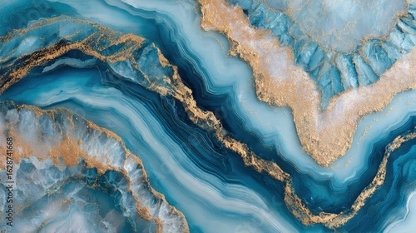Fototapeta Richly colored abstract design features swirling blue and white tones interspersed with shimmering gold accents, resembling a natural stone surface. The details evoke a sense of depth and luxury.