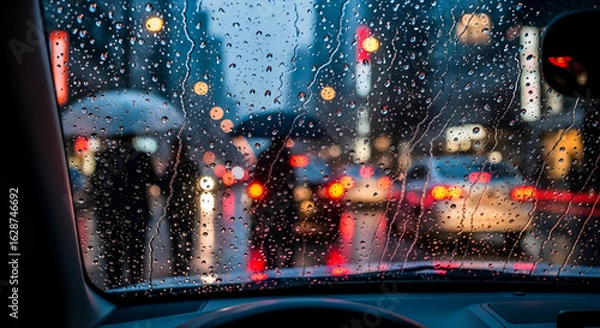 Obraz Rainy Cityscape View from Car Interior with Water Droplets on Windshield Capturing Urban Life and Traffic on a Gloomy Evening