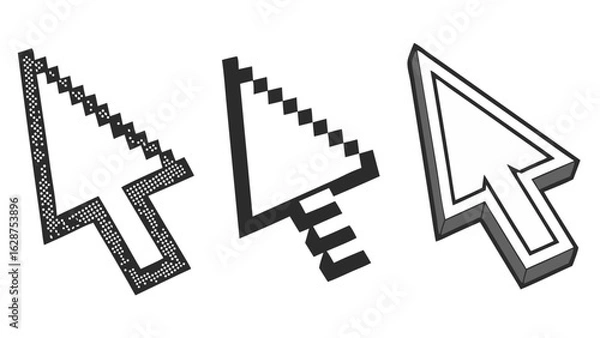 Fototapeta pixelated computer mouse cursor arrows 8-bit retro gaming pointer icons digital interface isolated on white background.