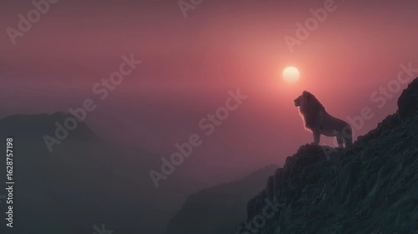 Fototapeta majestic lion silhouette on mountain peak with soft-focus sun and pastel gradient sky