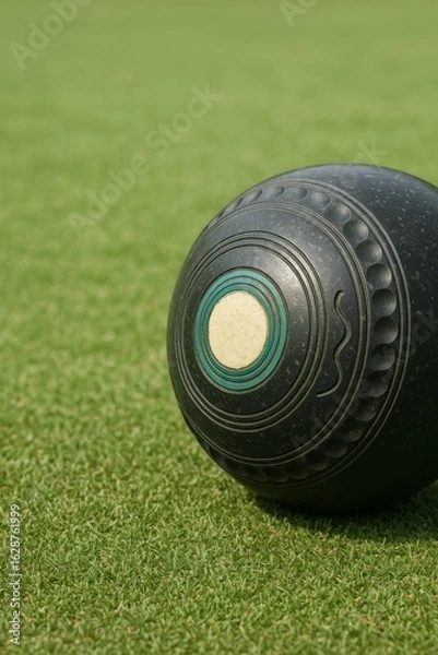 Fototapeta Lawn bowl resting on green outdoor grass field. Ready for a challenging and skilled game.
