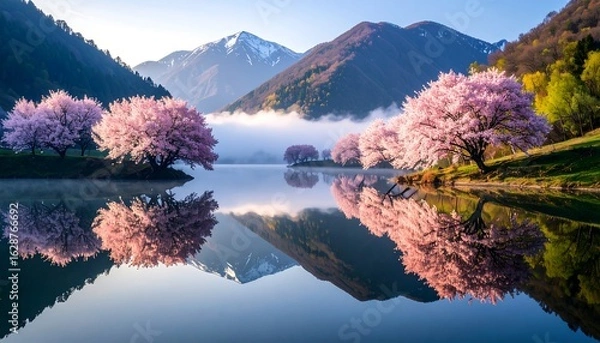 Fototapeta Cherry Blossom Trees Reflecting in Calm Lake with Mountain Backdrop
