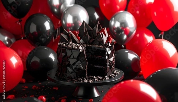 Fototapeta Chocolate Cake Displayed with Red, Silver, and Black Balloons