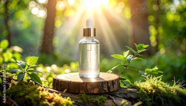 Fototapeta Clear Bottle with Dropper on Wood Slice in Forest Sunlight