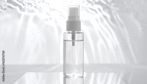 Fototapeta Clear Spray Bottle on Reflective Surface with Water Reflection
