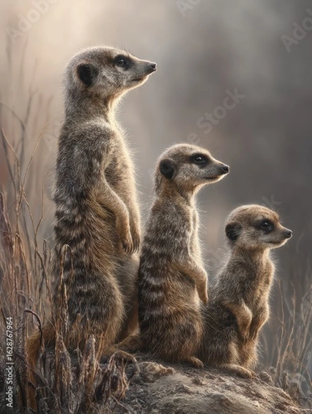 Fototapeta a realistic scene of a family of meerkats meerkat on guard meerkat on the lookout group of meerkat on the lookout