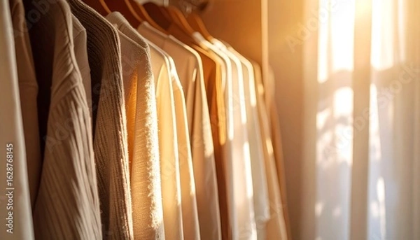 Fototapeta Clothes Hanging in Closet with Sunlight Streaming Through Window