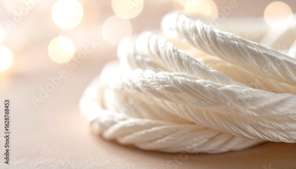 Fototapeta Coiled White Rope Close Up with Soft Bokeh Lights Background
