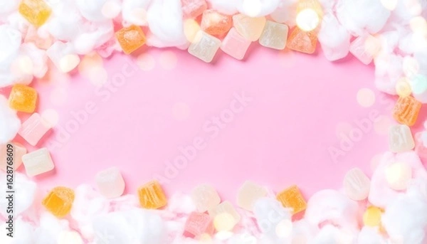 Fototapeta Colorful Candy Arrangement on Pink Background with Bokeh Lights
