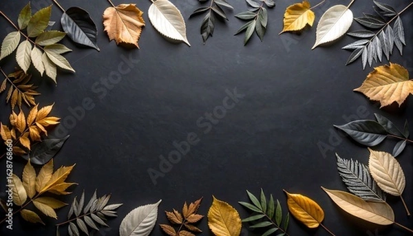 Fototapeta Colorful Autumn Leaves Frame on Dark Background for Text Space
