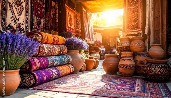 Fototapeta Colorful Carpet Display with Pottery and Lavender in Sunny Market