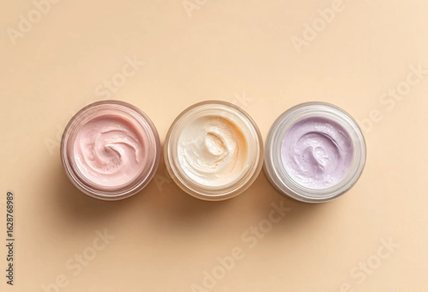 Fototapeta Pastel Skincare Products: Top View of Open Jars with Colored Creams
