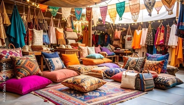 Fototapeta Colorful Pillows and Textiles Displayed at Market or Store