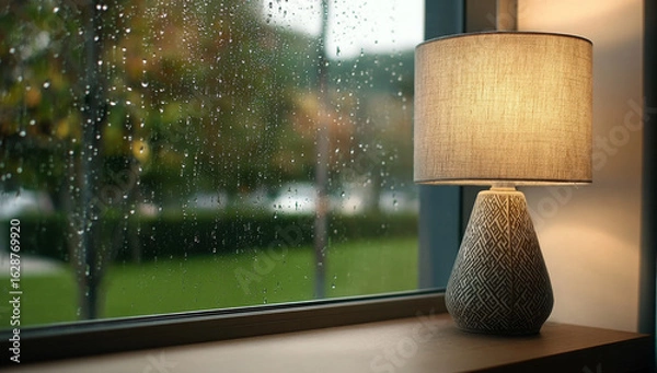 Fototapeta Cozy Room Interior: Window View with Rain and a Glowing Light
