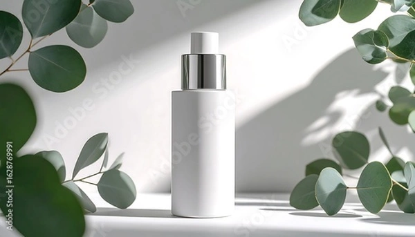 Fototapeta Cosmetic Bottle Mockup with Eucalyptus Leaves and Minimalist Design