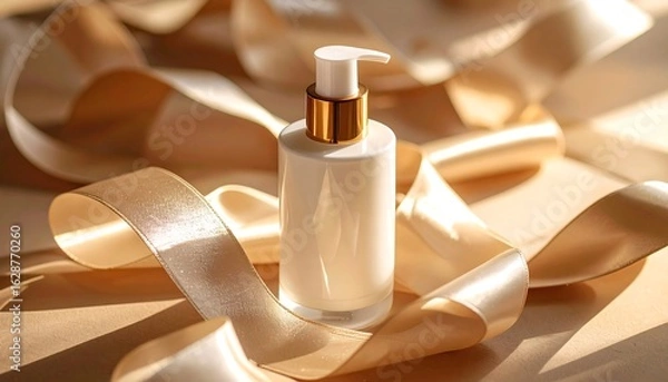 Fototapeta Cosmetic Bottle with Dispenser on Shiny Fabric, Mockup Style