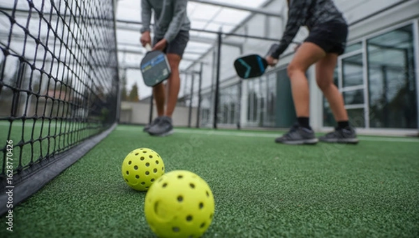 Fototapeta Environmental Responsibility: Action Shot of Padel Game with Recycled Equipment
