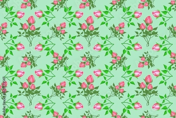 Fototapeta Roses, branches, buds, leaves, repeating color pattern, on a soft green background.