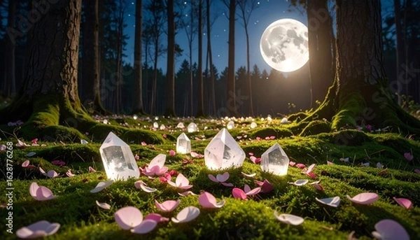 Fototapeta Crystals Glowing on Moss with Petals Under a Full Moon in Forest