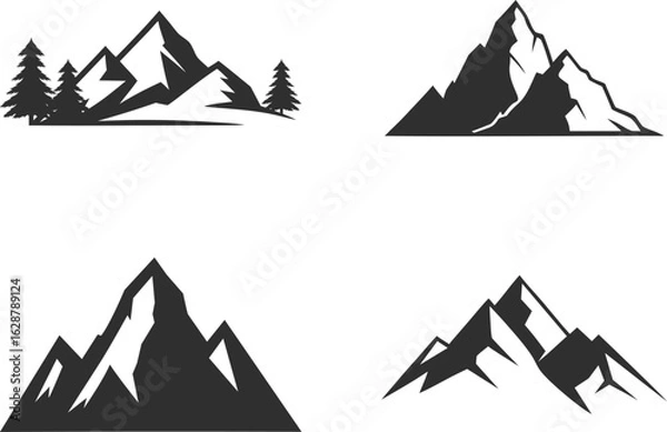 Fototapeta A vector set of mountain icons with snow and sun is a perfect design for a travel logo or silhouette illustration of a landscape