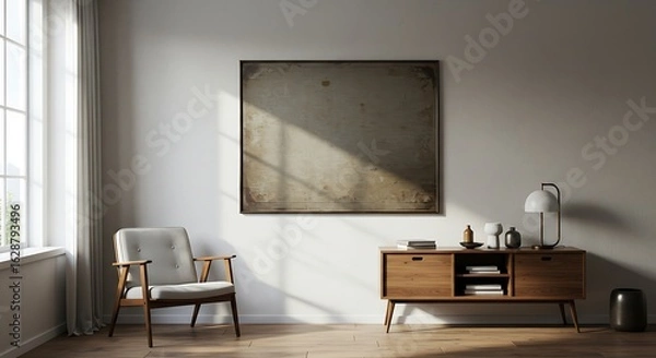 Fototapeta Modern living room interior with a vintage armchair wooden sideboard and abstract artwork illuminated by natural light from a large window
