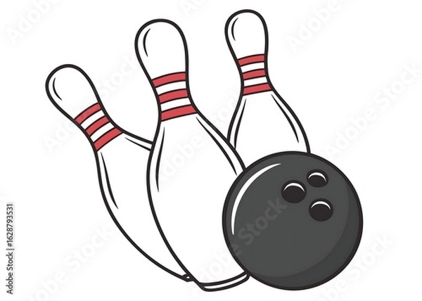 Fototapeta Stylized Vector Illustration Three Bowling Pins Knocked Down Black Bowling Ball Red White