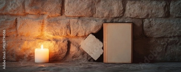 Fototapeta Candlelit Stone Book, Warmth and Stillness, Reading, Cozy