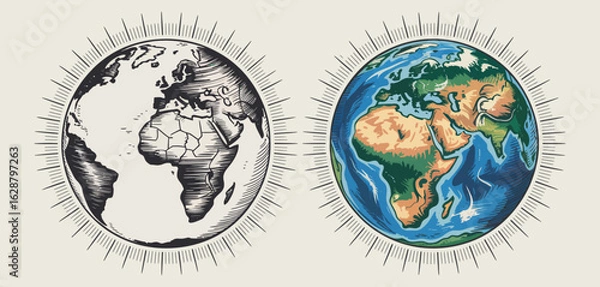 Fototapeta Contrast between a hand drawn sketch and a vibrant realistic image of earth