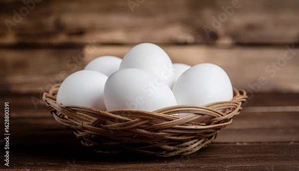 Fototapeta A classic chicken eggs with a smooth, creamy white shell, nestled in a rustic wooden basket