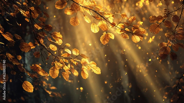 Fototapeta Fantasy autumn forest background with glowing leaves, magical light beams, rich golden and amber tones, enchanted fairytale mood 