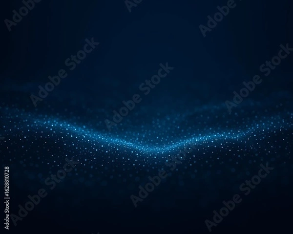 Fototapeta Futuristic glowing blue data wave of digital particles on a dark background for technology and AI visuals