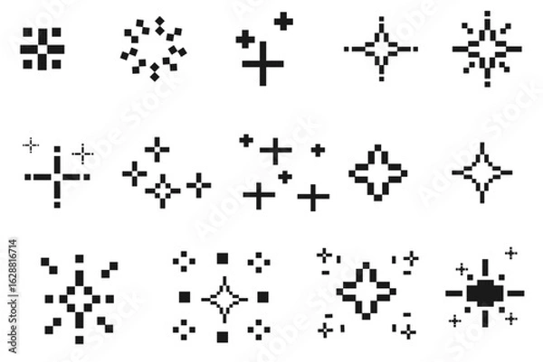 Obraz Pixel sparkle icon set in black on white background with various glowing star and twinkle symbol designs