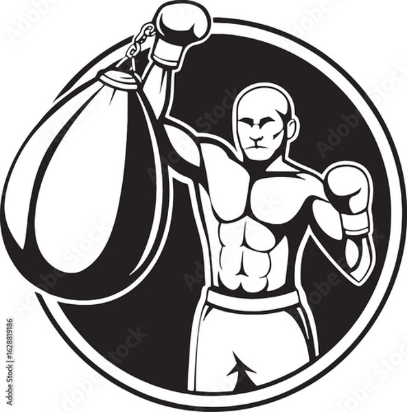 Fototapeta A muscular boxer posing confidently with a speed bag. Great for gym branding, strength visuals, and combat-related designs.