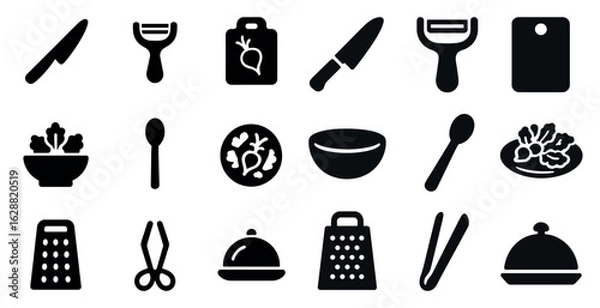 Fototapeta Cooking and kitchen tools solid icons set – silhouette, filled, culinary and chef symbols