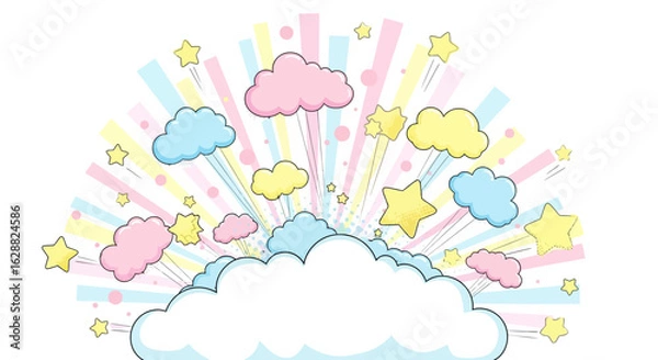 Fototapeta Vibrant rainbow clouds drift across a blue sky, colorful abstract background illustration