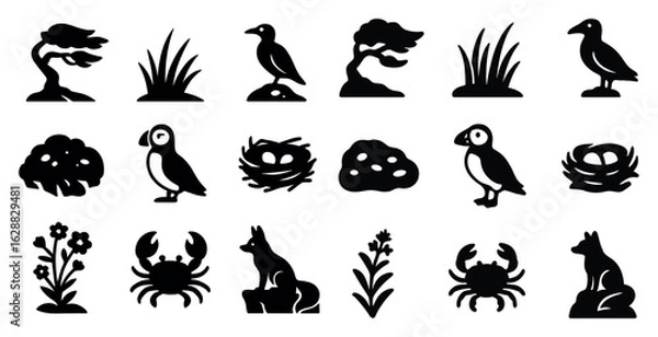 Fototapeta Nature and wildlife silhouette icons set – solid, filled, flora and fauna visuals